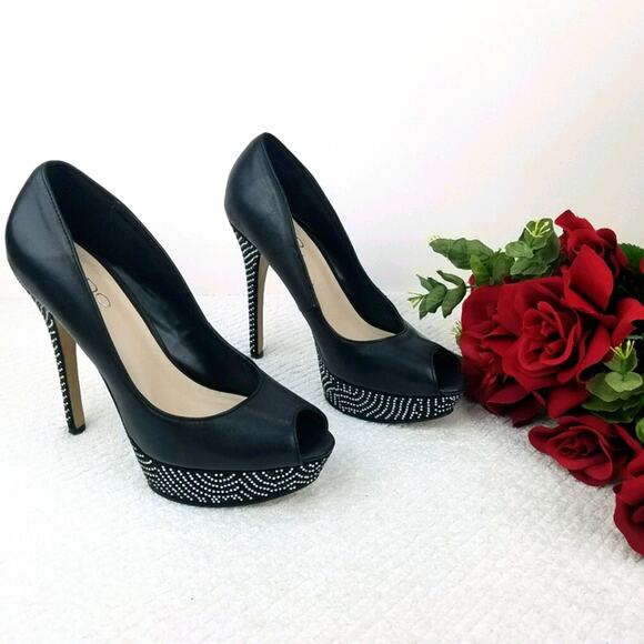 Aldo Platform Stiletto Pumps Size 8.5 Black Leather Rhinestones Peep Almond Toe - Picture 2 of 16